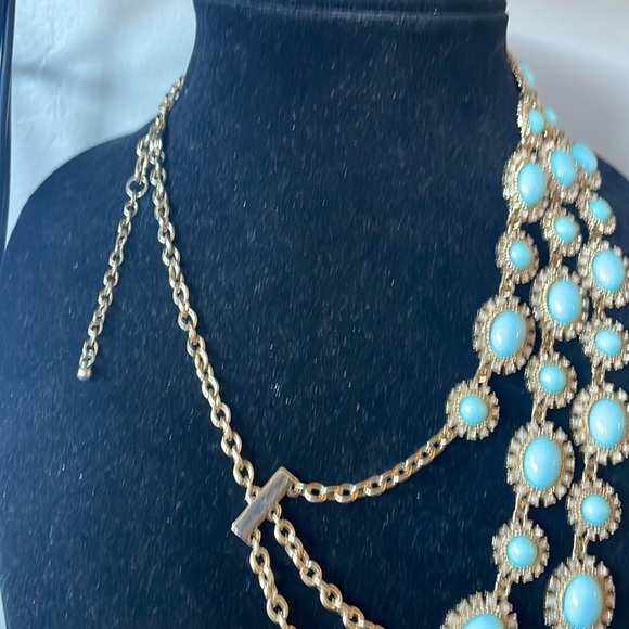 Vintage Gold, Rhinestone & Light Blue 3 Tier Necklace - Picture 5 of 5